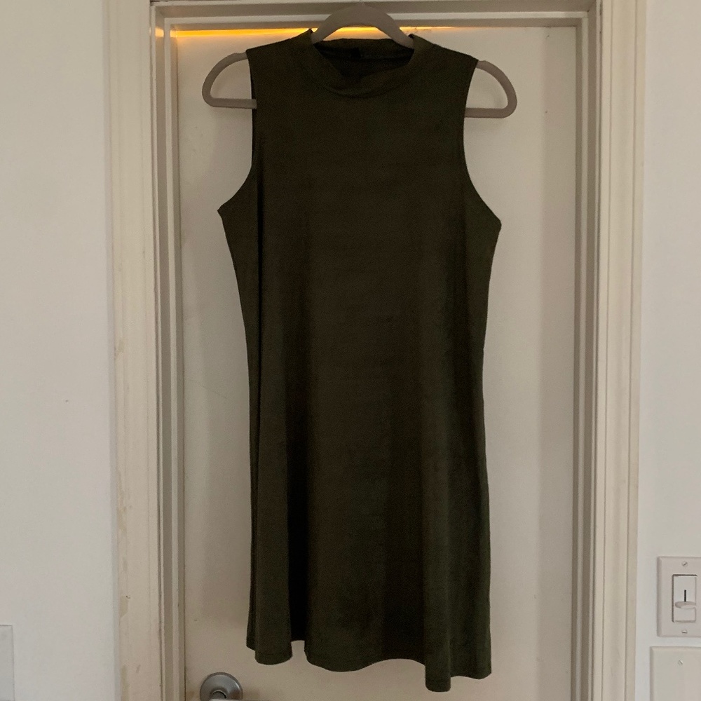 Green Suede Sleeveless Tank Mock Neck Dress